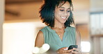 Happy woman, night business and cellphone at computer, online and walking in office. Female employee, overtime and smile for smartphone at desktop technology of happiness, network management or media