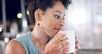 coffee, smile and black woman thinking office at night, happy and relaxed against blurred background. Happy, tea and corporate lady chilling online at night, cheerful and proud of startup career goal