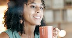 Night office, face and happy woman with coffee in business, agency or company in evening. Smile, female employee and enjoy cup of tea for energy, motivation and happiness for overtime in dark startup