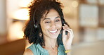 Face, funny or HAPPY black woman in call center for a telecom communications company in help desk. Friendly African sales agent talking, laughing or speaking online in customer support in office