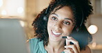 Face, communication or happy black woman in call center or telecom or telemarketing company help desk. Crm, smile or friendly African sales agent talking or speaking online in customer support office