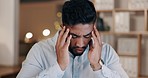 Headache, stress and man at computer in night business with anxiety, problem and eye pain from glasses. Overtime, burnout and frustrated male employee working with fatigue, brain fog or mental health