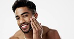 Skincare, man and hands of face, happy and laughing against white background space. Touch, smile and portrait of Indian male model excited for wellness, beauty and cosmetic care result while isolated