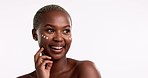 Face cream, skincare and happy black woman in studio, cosmetics or treatment on white background. Hands, portrait and sunscreen or moisturizer for girl model with collagen, lotion or facial product