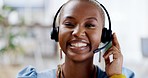 Call centre, face and happy black woman with a smile from customer support work. Telemarketing, portrait and web help consultant with happiness from professional consulting with blurred background