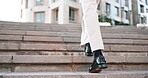 Stairs, walking and shoes of man in city for travel, professional and morning commute. Executive, corporate and formal with male and steps in outdoors for confident, positive and urban town