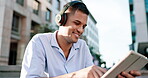 Music, tablet and relax with man in city for streaming service, happiness and social media. Online radio, dance and digital with male listening to headphones for audio, songs and entertainment