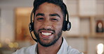 Call center, face and smile of man in customer service, sales consultant and India at night. Portrait of happy male telemarketing agent with microphone, crm help desk or consulting advisor in evening