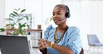 Telemarketing, black woman and communication in a call center office on a business laptop. Customer support, consultation and crm conversation of a African phone consultant worker with productivity