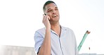 Mockup, phone call and man outdoor, connection and communication with happiness, cheerful and relax. Latino male, guy in the city and cellphone for conversation, talking and network signal outside