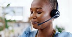 Telemarketing, black woman face and digital chat in a call center office working on web help. Customer support, consultation and crm conversation of African phone consultant worker with productivity