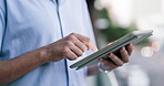 Hands, tablet and gps with a man in the city, online to search for directions to a location or destination. Internet, map and travel with a male tourist searching for a street address in town