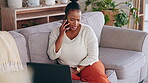 Phone call, laptop and woman on sofa for work from home, freelancer or online career opportunity and networking. Black person talking on cellphone, smartphone or mobile on couch for job feedback