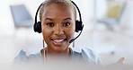 Online crm typing, face and happy black woman with a smile from customer support work. Call centre, telemarketing and web consultant with happiness of professional consulting with blurred background