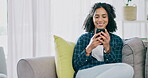 Woman, smartphone and laughing in living room for social media, online meme and internet connection. Happy young female, cellphone and reading funny notification, mobile technology and relax on couch