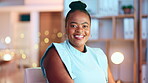 Face, smile and a business black woman at work in the office with a mindset of future company success. Portrait, happy and funny with a female employee laughing while working towards her vision