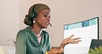 Call center, consultant and black woman talking, telemarketing and explain new system, process and computer. African American female agent, worker and employee with headset, speaking and tech support