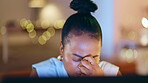 Black woman, headache and stress at computer in night business for anxiety, pain and confused problem. Overtime, burnout and tired female worker sick with fatigue, brain fog and eye strain at desktop