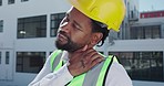 Burnout, tired and African construction worker with neck pain, building stress and accident on site. Fatigue, depressed and sad black man with body strain, tension and inflammation as a handyman