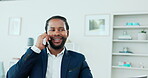 Phone call, answer and happy man in office business communication, client feedback or employee job opportunity. Professional black person talking on cellphone or smartphone for contact us information