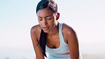 Breath, fitness and Indian woman tired, sweating and exercise for wellness, training and healthy lifestyle. Female, lady and athlete exhausted, fatigue and workout goal for balance, target and sweat