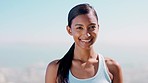 Face, fitness and Indian woman outdoor, mockup and exercise for balance, healthy lifestyle and wellness. Portrait, female athlete and lady training, workout goal and target with smile and outside