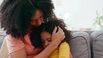 Love, mother and girl hug, couch and quality time in living room, care and loving together. Family, mama and daughter sleeping on sofa, relax and resting on break, affection and embrace in lounge