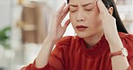 Stress, headache and business woman in a laptop if office, unhappy and anxiety on blurred background. Migraine, burnout and stress asian female entrepreneur frustrated with glitch, internet in Japan