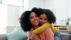 Face, kiss and piggyback hug by mother with daughter on sofa, happy and play in their home together. Portrait, love and parent with girl on couch, bond and fun with hugging, game and relax on weekend