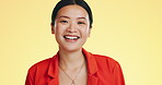 Asian woman, happy and smile on face for fashion and skincare or beauty on a yellow background. Portrait of a gen z girl model with happiness mockup space and color with a positive mindset and laugh