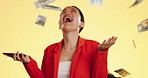 Prize, money and woman in studio on phone for lottery, winning and celebration on yellow background. Cash, winner and asian girl excited for victory, success and bonus, promotion or savings isolated