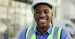 Architect face, construction worker and black man happy for real estate development, property project or career pride. Architecture engineering, portrait and person with PPE, confidence and smile