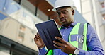 Tablet, engineering and black man for construction update, project management or progress report of buildings. Typing, planning person or architecture contractor with digital technology in urban city