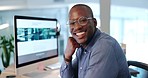 Black man, business and smile by office computer for web design, planning and pride for entrepreneurship. Happy African entrepreneur, businessman and website on desktop pc, portrait and workplace