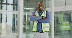Architect, confident construction worker and black man happy for real estate development, property project or career. Architecture engineering, portrait and person with pride, confidence and vocation