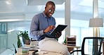 Smile, business and black man in office on tablet for web design ideas, online project and website. Networking, corporate and happy male worker on digital tech for research, planning and strategy