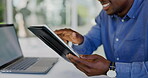 Tablet, hands scroll and happy black man review of data analysis, social media statistics or customer experience insight. Brand monitoring software, ecommerce UI and person working on online feedback