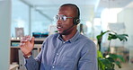 Call center, talking and black man, agent or consultant with virtual communication, tech support or ecommerce web service. Business person speaking in office on desktop computer in telecom consulting