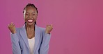 Face, mockup and black woman cheering, celebration and happiness against studio background. Portrait, African American female and lady with smile, goals and winner with victory, target and promotion