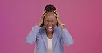 Face, stress and black woman in studio with anxiety, frustrated and angry against pink background. Grief, portrait and lady with bipolar, ptsd and depression, anger or issue, scream or mental problem