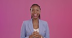 Attitude, laughing and a face of a black woman with a smile isolated on a pink background in studio. Happy, cool and a portrait of an African girl being funny, cheerful and crazy on a backdrop