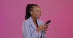 Business black woman, studio and phone texting with happy face, comic laughing and meme by background. African businesswoman, smartphone chat and social media app for communication, email or video