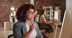 Night call center and happy woman, agent or consultant global discussion, tech support or service at ecommerce startup. Friendly biracial person or business telecom worker virtual talking on computer