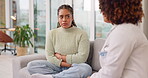 Advice, psychology and mental health with woman on sofa for counseling, depression and therapy. Healthcare, consulting and support with doctor and patient for problem, conversation and rehabilitation