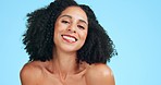Makeup, smile and face of black woman for beauty, wellness and facial treatment on blue background. Dermatology, spa and portrait of happy confident girl in studio for cosmetic, skincare or hair care