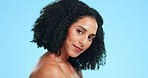Skincare, wellness and face of black woman for beauty, self love and facial treatment on blue background. Dermatology, spa and portrait of confident girl in studio for cosmetics, makeup and hair care