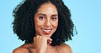 Skincare, smile and face of black woman for beauty, wellness and spa facial on blue background. Dermatology, salon and portrait of happy confident girl in studio for cosmetics, makeup and hair care
