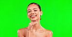 Beauty, hand on face and woman portrait on green screen background for makeup, cosmetic and skin glow. Aesthetic female model for self love, skincare and facial shine for spa mockup studio space