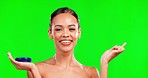 Face, skincare and woman with cream, dermatology and self care against studio background. Portrait, female and lady with lotion, green screen and morning routine for self care, treatment and grooming