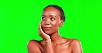 Black woman, beauty and face, thinking about cosmetic care and smile in portrait with green screen. Skincare, skin glow and dermatology, female and natural cosmetics on studio background with mockup